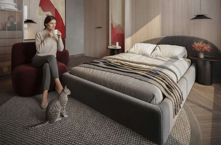 modern bedroom with neutral tones and marble surfaces design